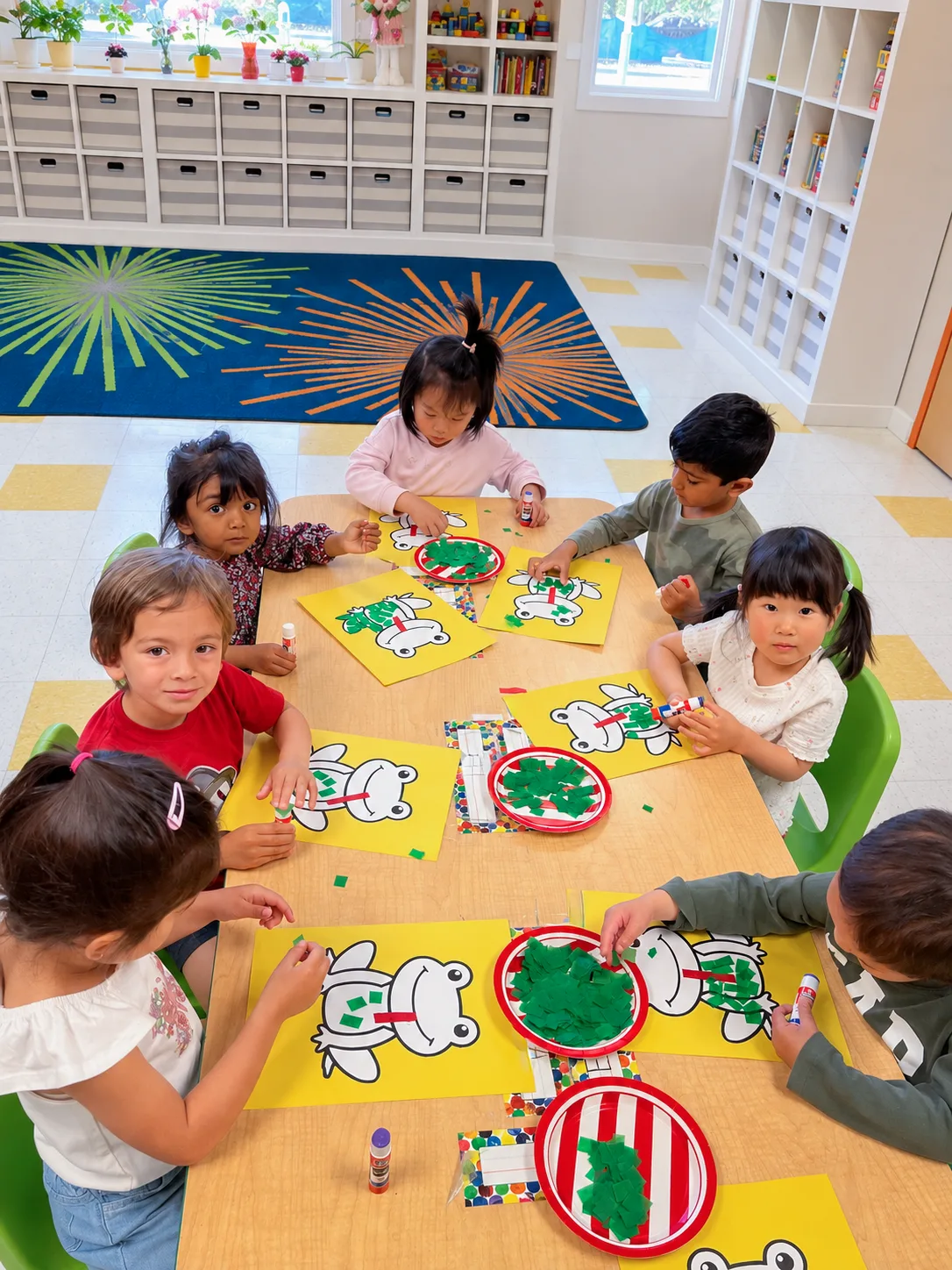 Seven Starbright preschoolers around a classroom table, gluing torn green tissue paper onto printed frog outlines