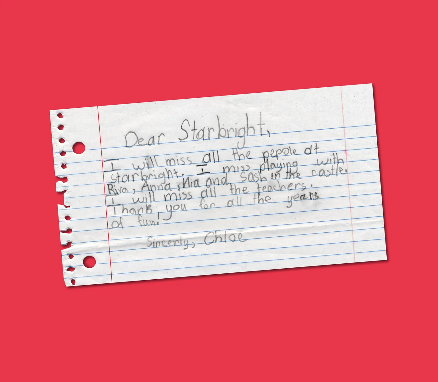 A child's handwritten note addressed to Starbright