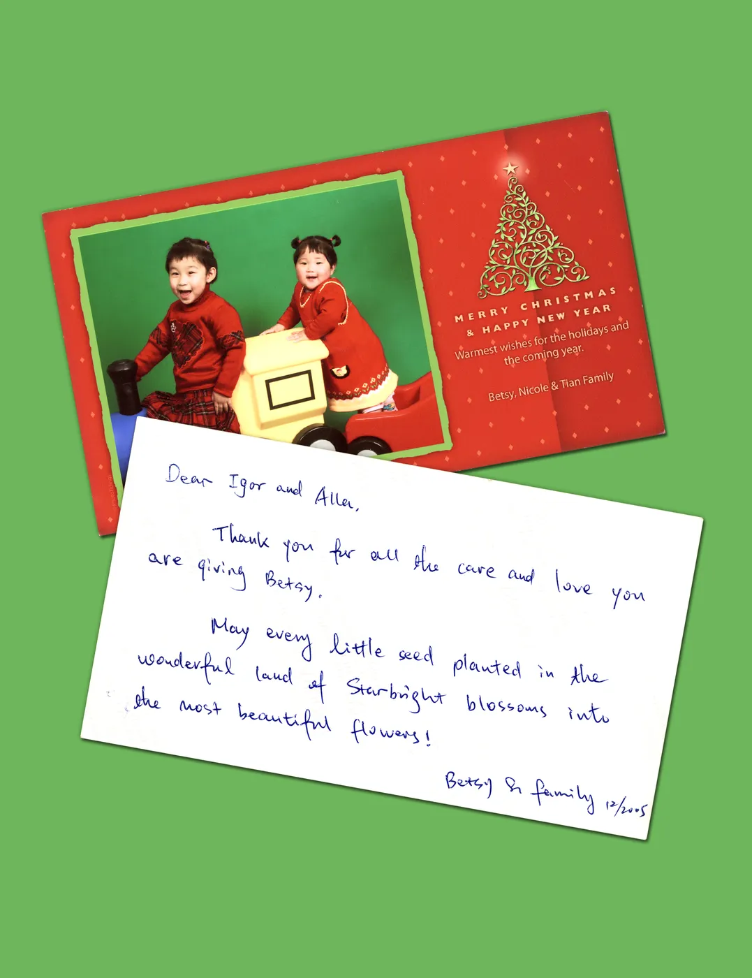 A holiday card with a handwritten thank-you note