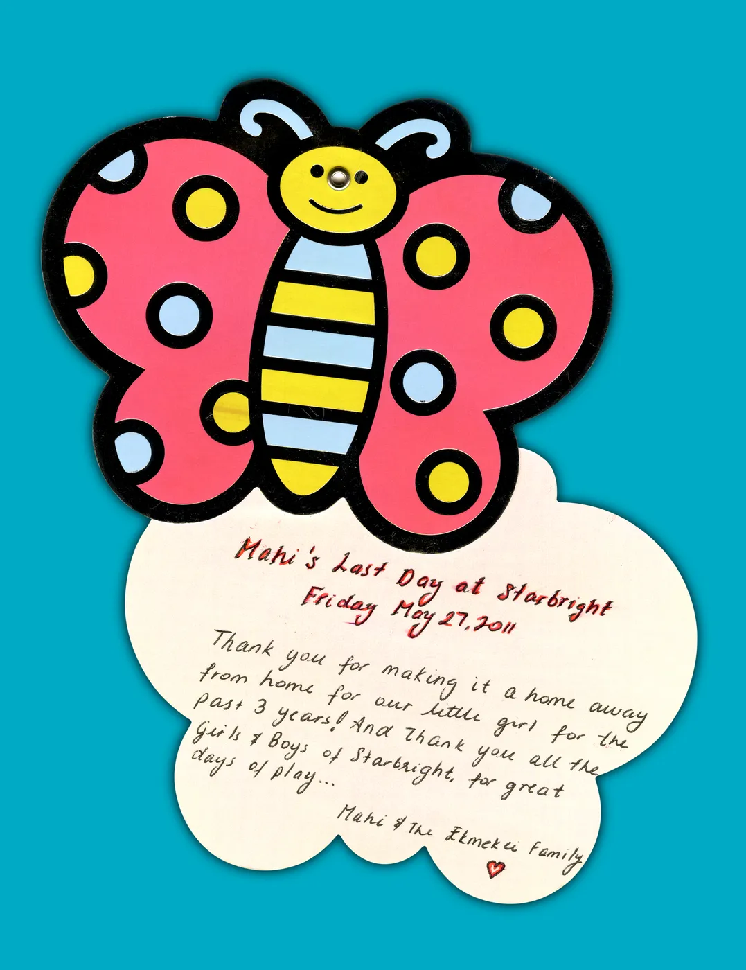 A ladybug-shaped thank-you note from a family